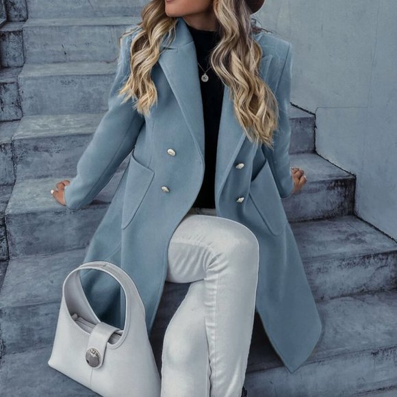 Jackets & Blazers - double breasted overcoat pea coat baby blue pastel long line